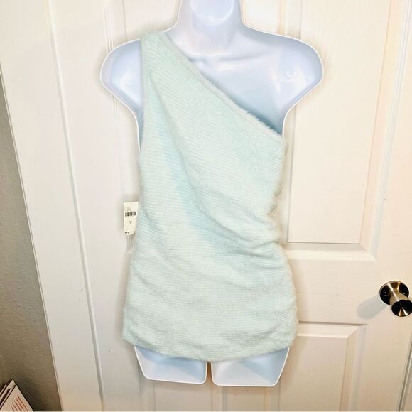 By Anthropologie One-Shoulder Eyelash Sweater Tank Sky Mint Green L NWT - Picture 10 of 13